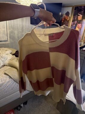 Striped Crewneck Sweater in Cream and Dusty Rose